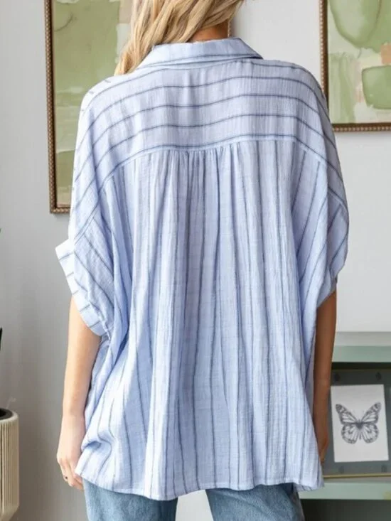 T11. Blue Striped Oversized Button-Down Shirt - Picture 3 of 6